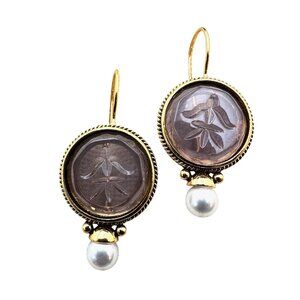 Purple Intaglio Glass Pearl Gold Plated Pierced  1.5 Inch Earrings Vintage Style